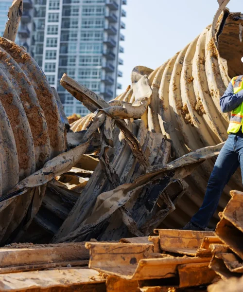 A construction worker checking the junk on the site.
